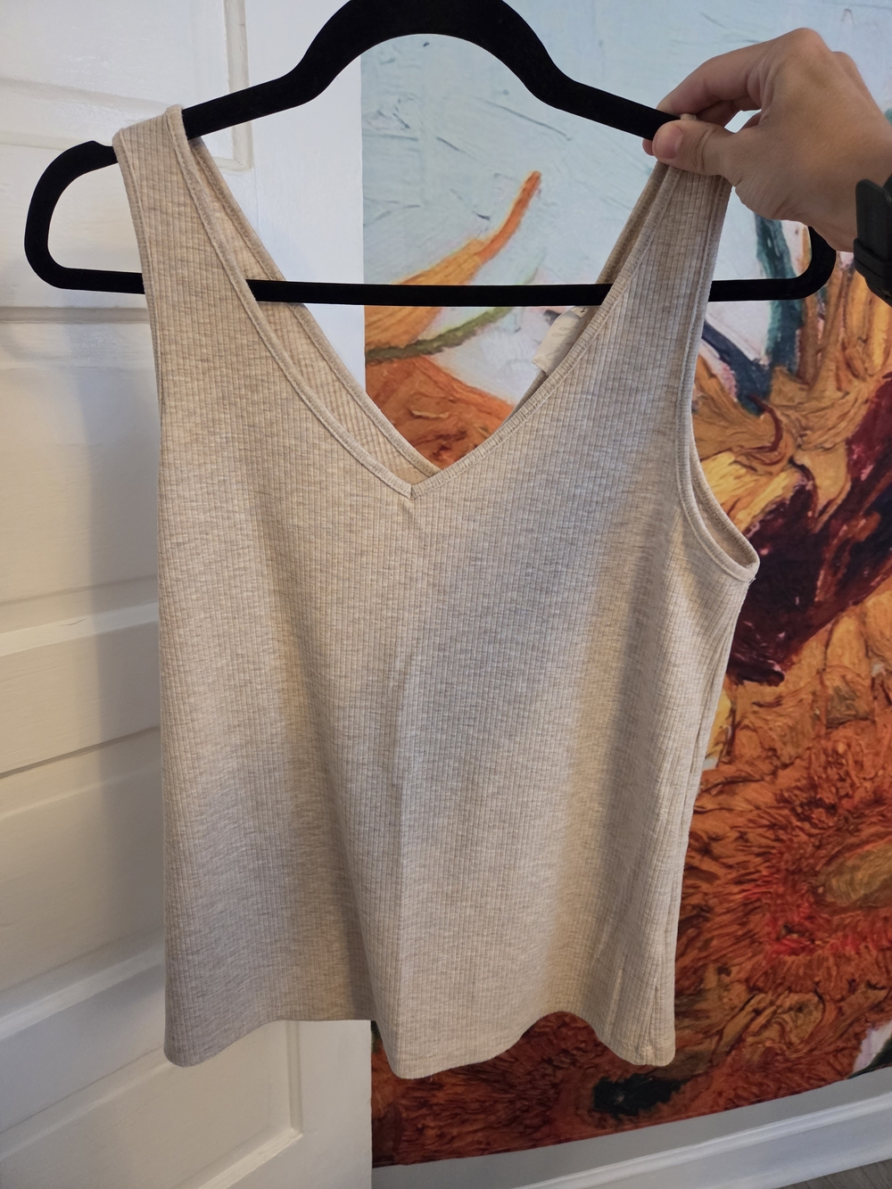 Carly Jean Los Angeles Ribbed V-Neck Tank - Light Beige